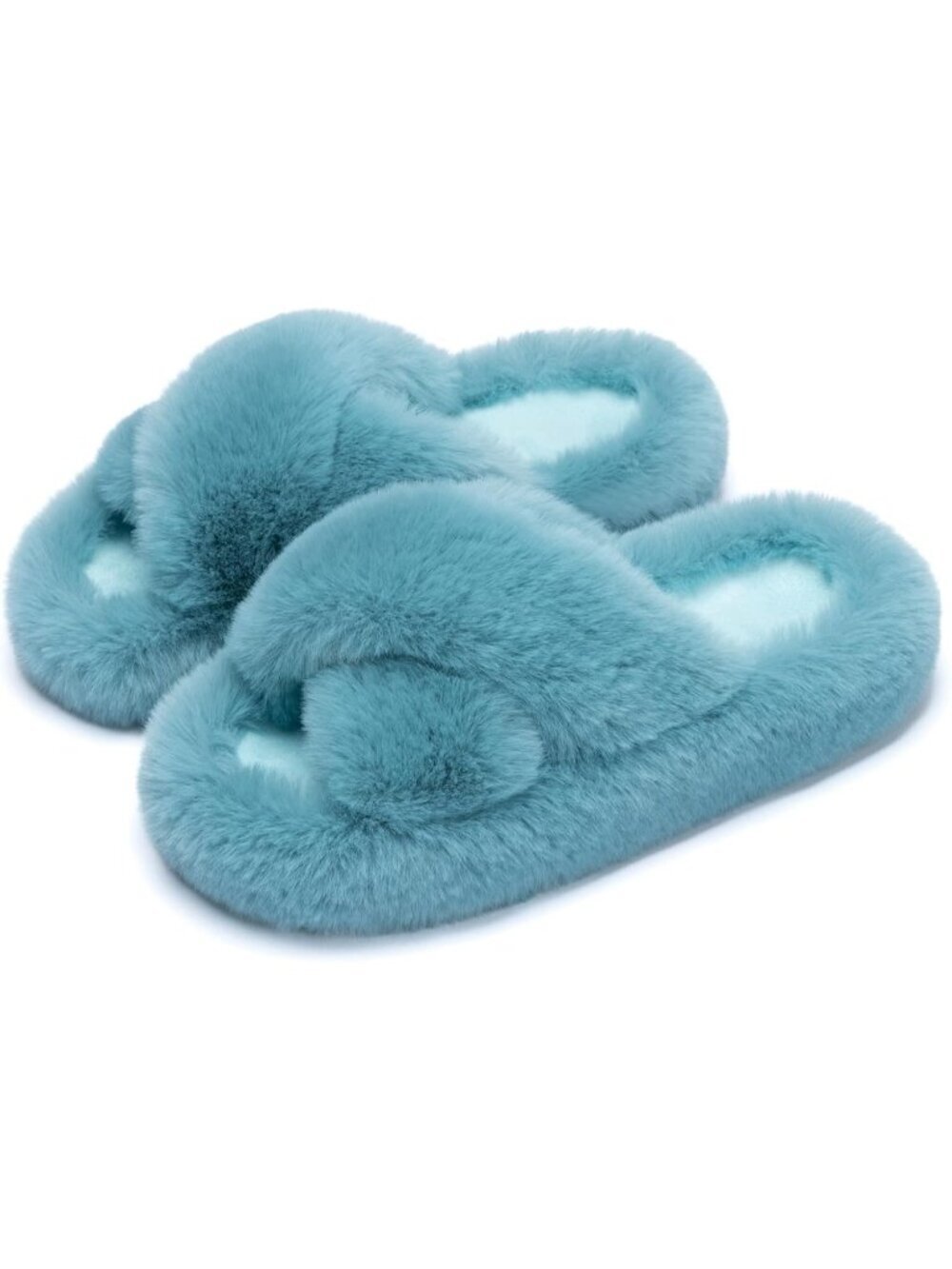 Women's Turquoise Green Cross Foam Faux Fur Lined Open Toe Soft Slipper Shoes